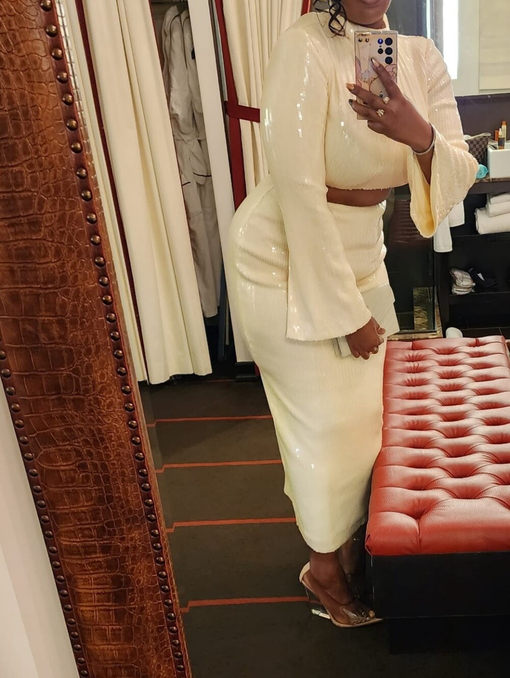 Ronny Kobo Collection Cream Sequin Midi Skirt and Crop Top Set